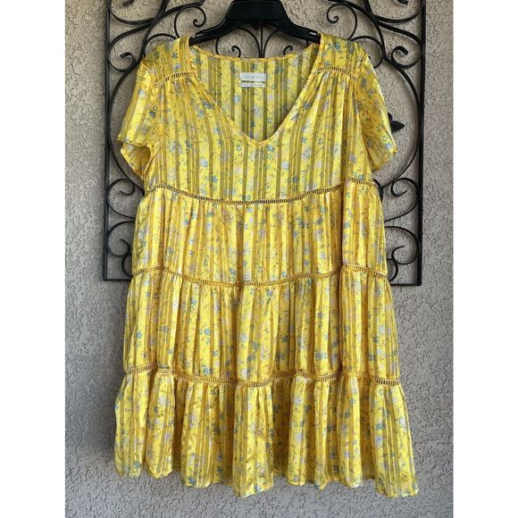 Urban Outfitters Pippa Chiffon Tiered Mini Dress - Size Small - Yellow - Picture 2 of 9